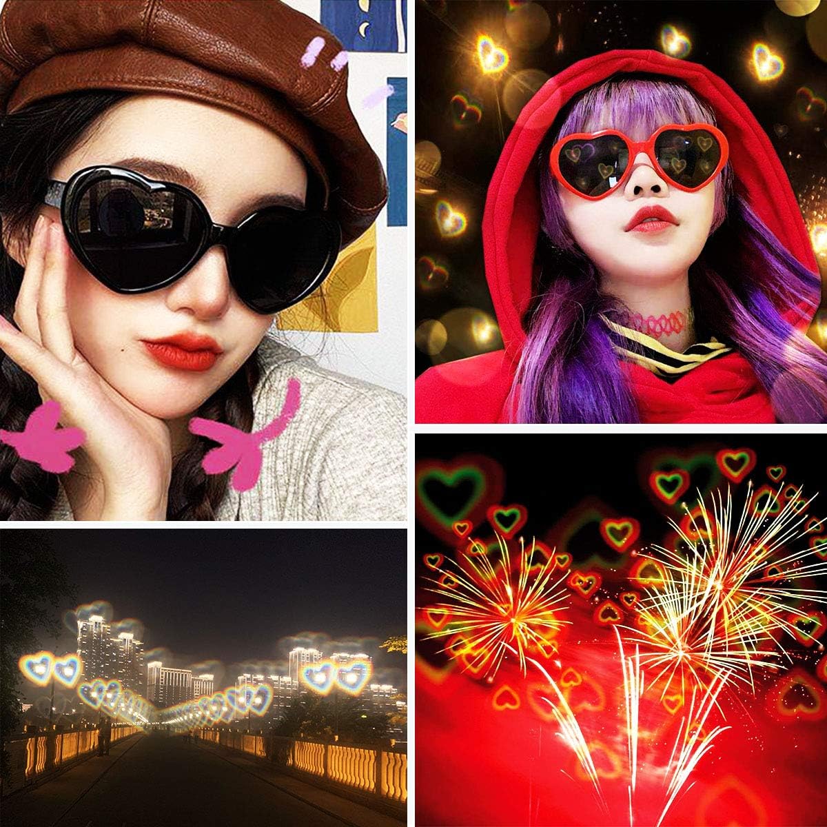 JiffPom Heart Sunglasses for Women Men Festival Party Rave Light Changing Heart Effect Diffraction Glasses UV400 Protection