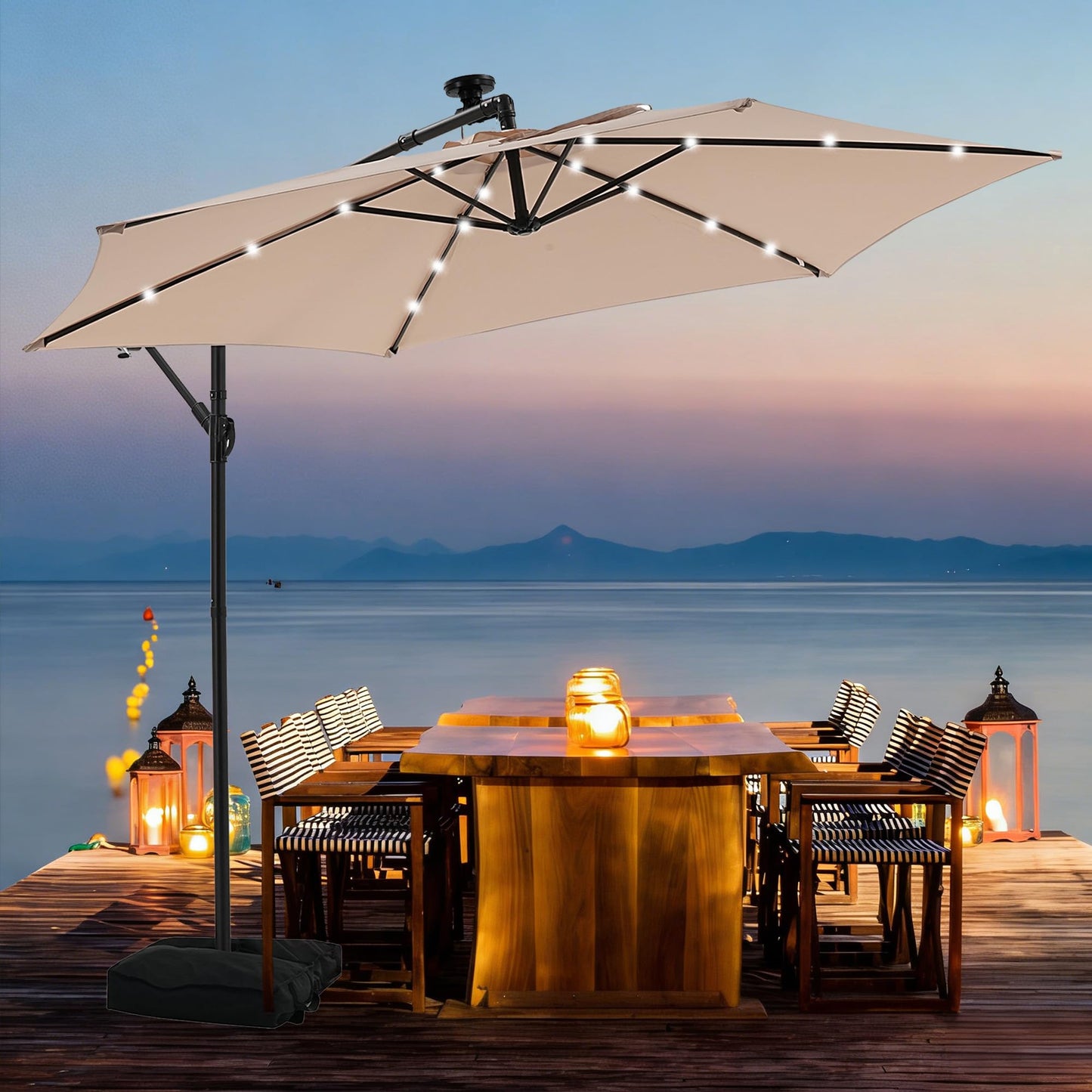 JiffPom 10ft Cantilever Patio Umbrella with Lights, Hanging Offset Market Outdoor Sun Shade for Backyard,Deck,Poolside,Black