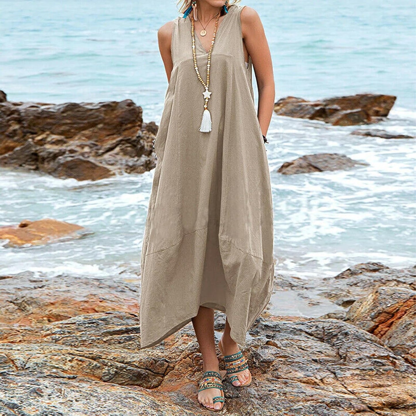 Bejirog Linen Tank Dress for Women, Long Flowy Loose Maxi V Neck Sleeveless Casual Summer Beach Vacation Dress with Pockets