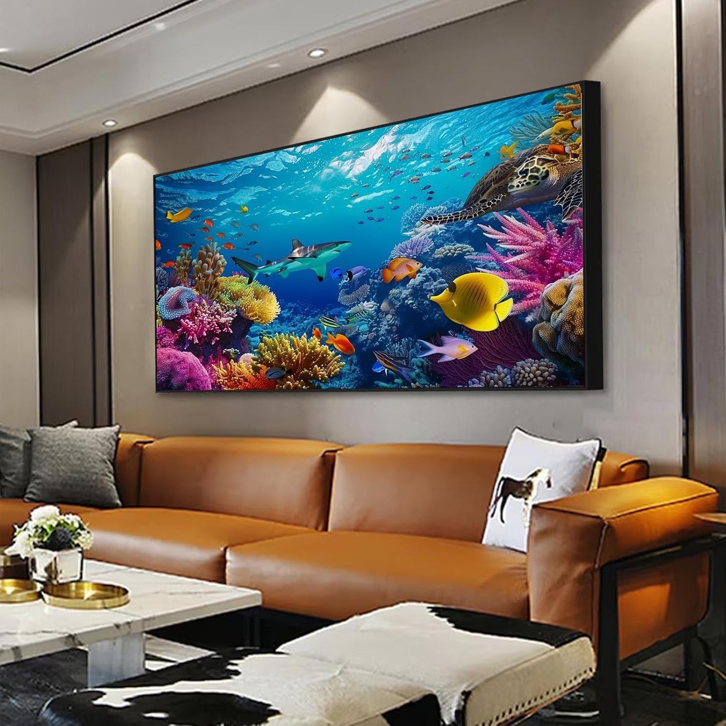 JiffPom Underwater Canvas Wall Art - Sea Life Pictures, Ocean Fish, Tropical Theme - Black Metal Frame, 59"x33" (150x84cm) - Living Room Wall Decor