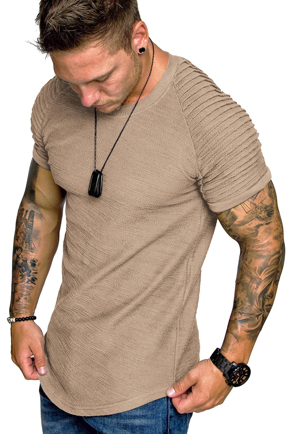 TOFOX Men's Muscle T-Shirt Pleated Raglan Sleeve Bodybuilding Gym Tee Short Sleeve Fashion Workout Shirts Hipster Shirt