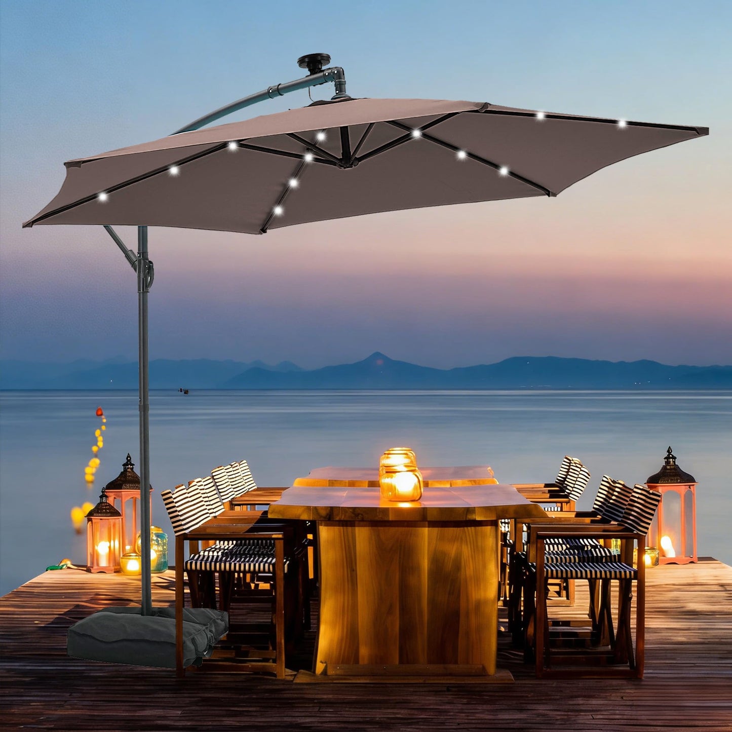 JiffPom 10ft Cantilever Patio Umbrella with Lights, Hanging Offset Market Outdoor Sun Shade for Backyard,Deck,Poolside,Black