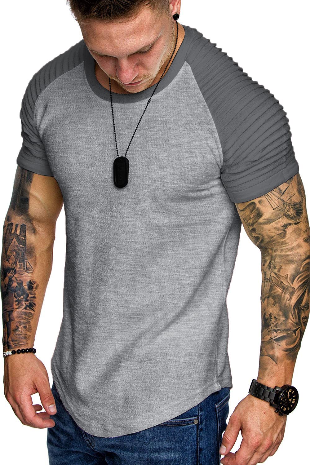 TOFOX Men's Muscle T-Shirt Pleated Raglan Sleeve Bodybuilding Gym Tee Short Sleeve Fashion Workout Shirts Hipster Shirt