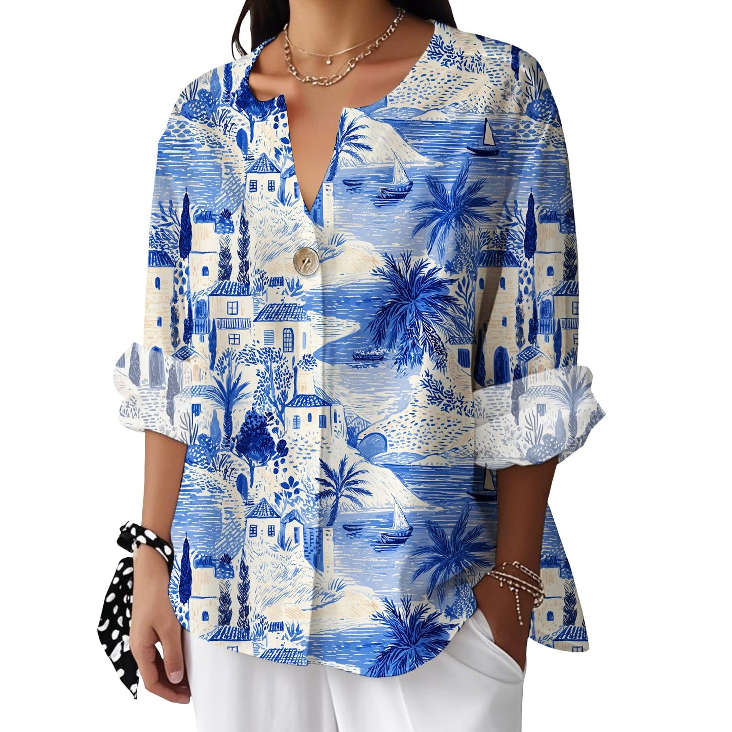 Reigee Hawaiian Shirts for Women 3/4 Sleeve Linen Shirts Floral Print Button V Neck Casual Loose Summer Graphic Tops Blouse