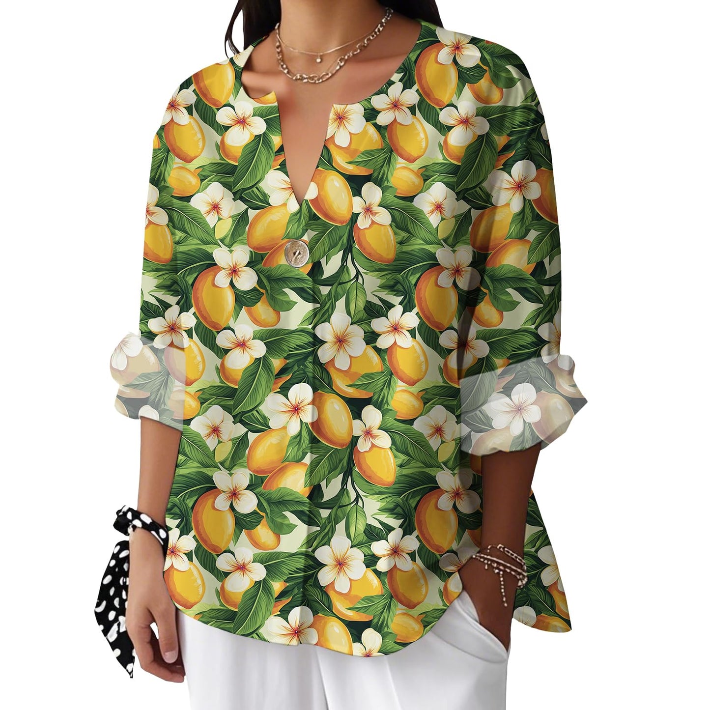 Reigee Hawaiian Shirts for Women 3/4 Sleeve Linen Shirts Floral Print Button V Neck Casual Loose Summer Graphic Tops Blouse
