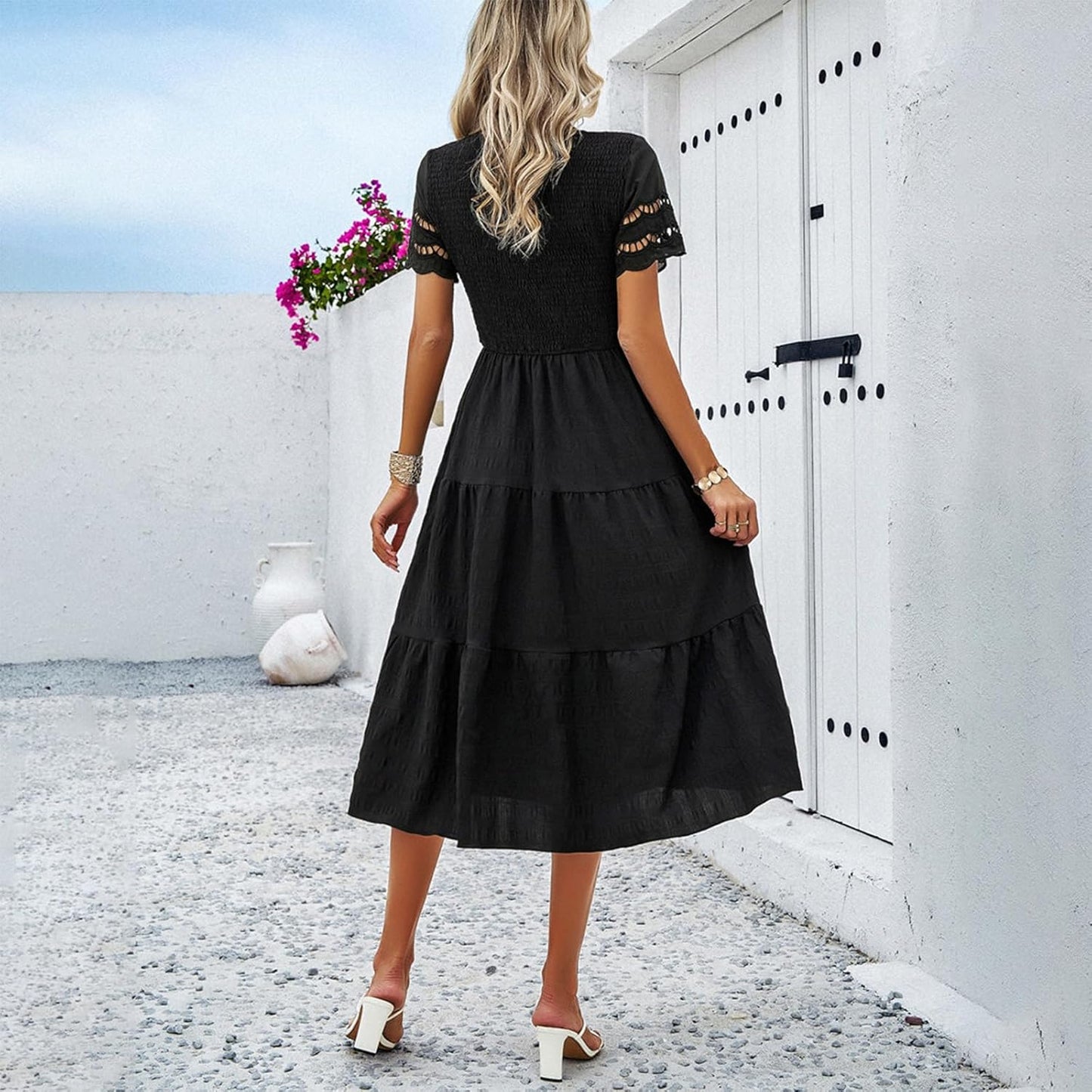 NAILONG Women's Hollow Out Smocked Tiered Ruffle Dress Crew Neck Short Sleeve Flowy Midi Dress Summer A Line Sun Dress