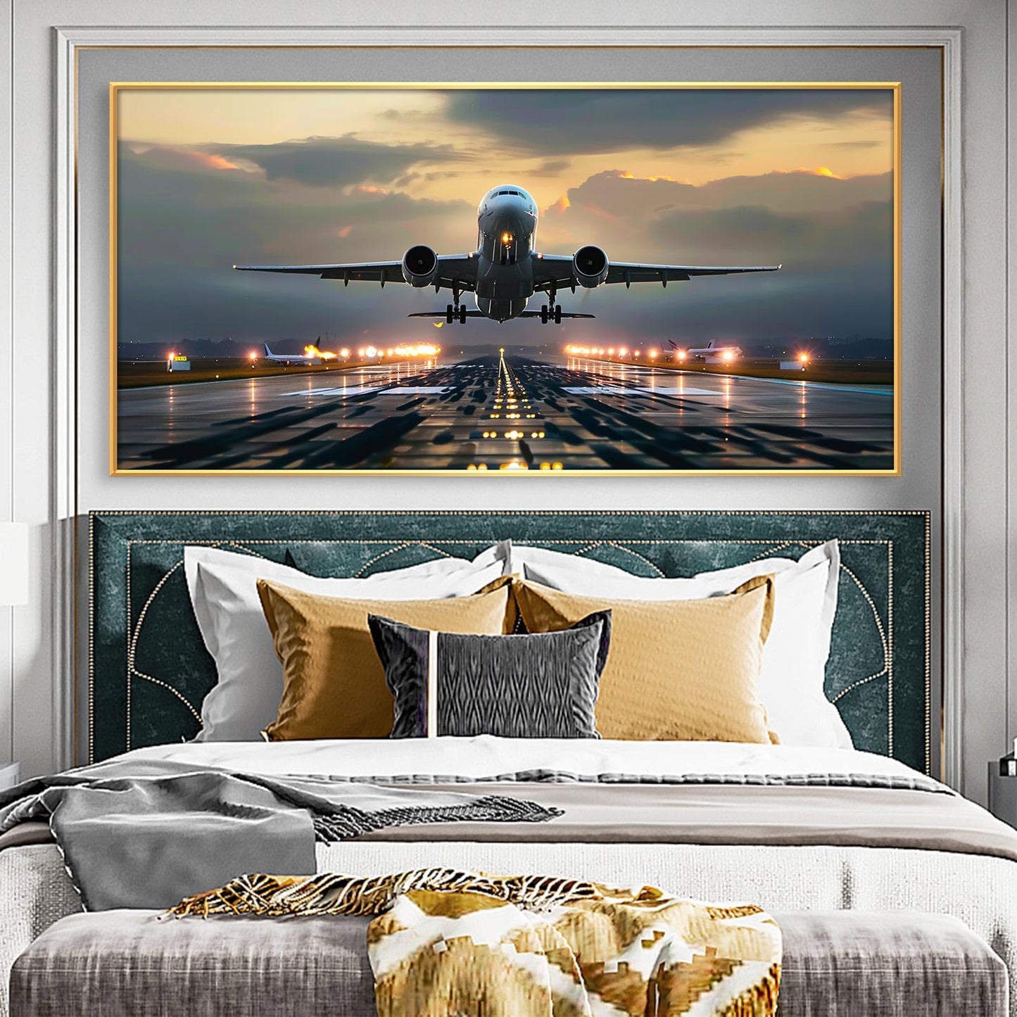 JiffPom Airplane Canvas Wall Art, Taking Off, Aircraft, Aviation, Airport, Airplane Pictures, Home Office Decor, Pilot Gift (Black Frame, 39"x19" | 100x50cm)
