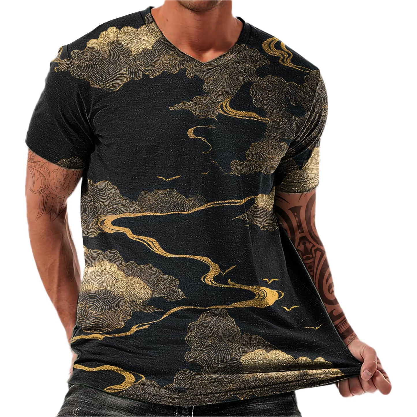 NAVARCH Trendy Summer Mens Casual Shirts V Neck Breathable Novelty Shirt Streetwear Graphic Tees