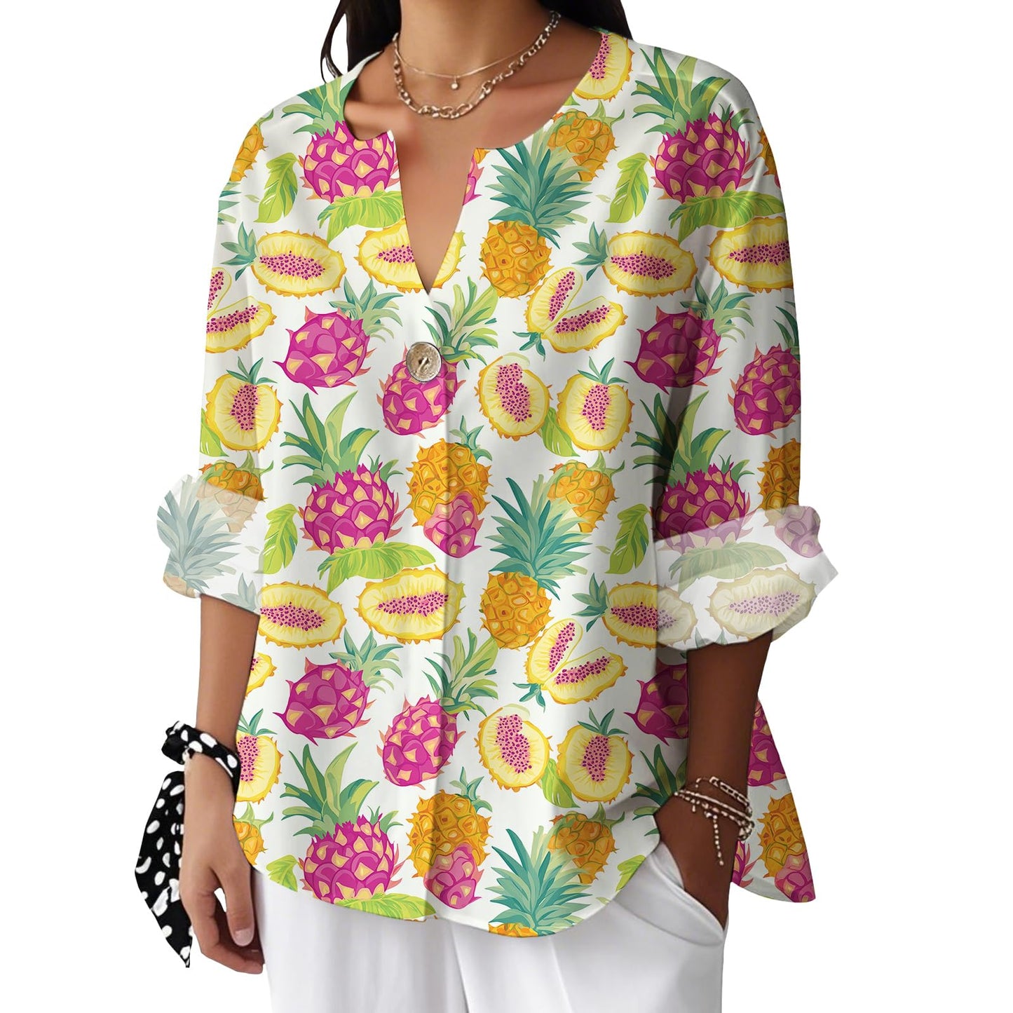 Reigee Hawaiian Shirts for Women 3/4 Sleeve Linen Shirts Floral Print Button V Neck Casual Loose Summer Graphic Tops Blouse