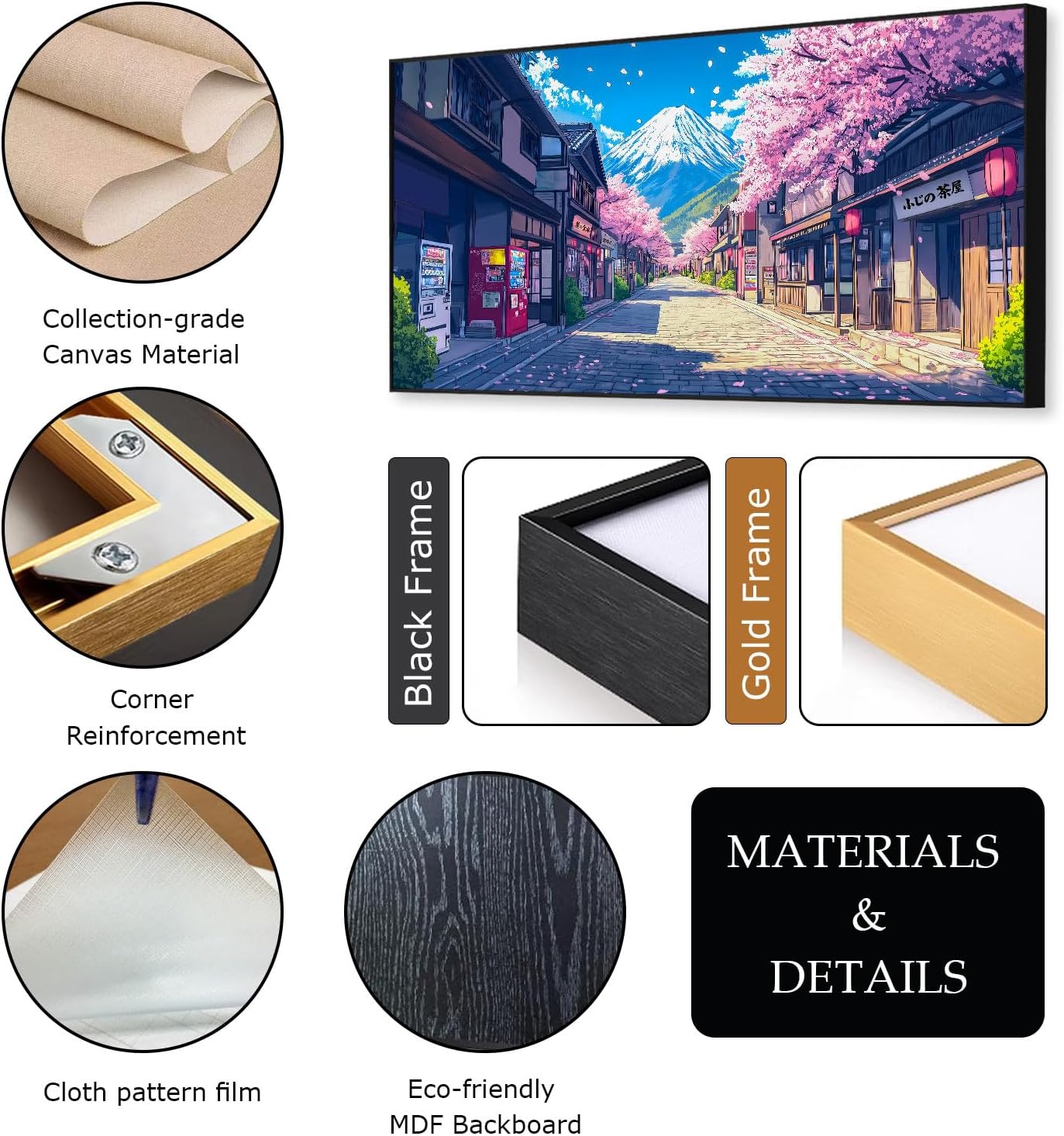 JiffPom Japan Manga Street Canvas Wall Art, Cherry Blossom Anime Canvas Print, Mount Fuji Wall Art, Pink Cherry Tree Decor, Japanese Landscape Poster, Home Decor, Manga Gifts (Black Framed, 31"x15" | 80x40cm)