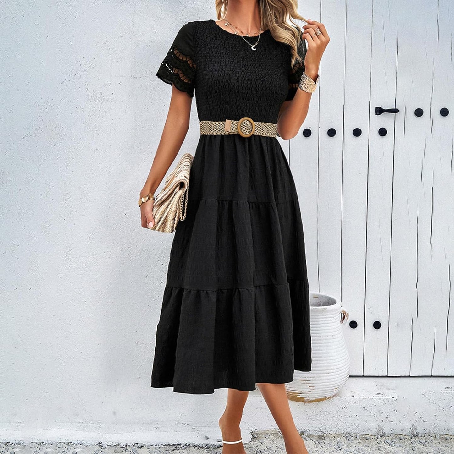 NAILONG Women's Hollow Out Smocked Tiered Ruffle Dress Crew Neck Short Sleeve Flowy Midi Dress Summer A Line Sun Dress