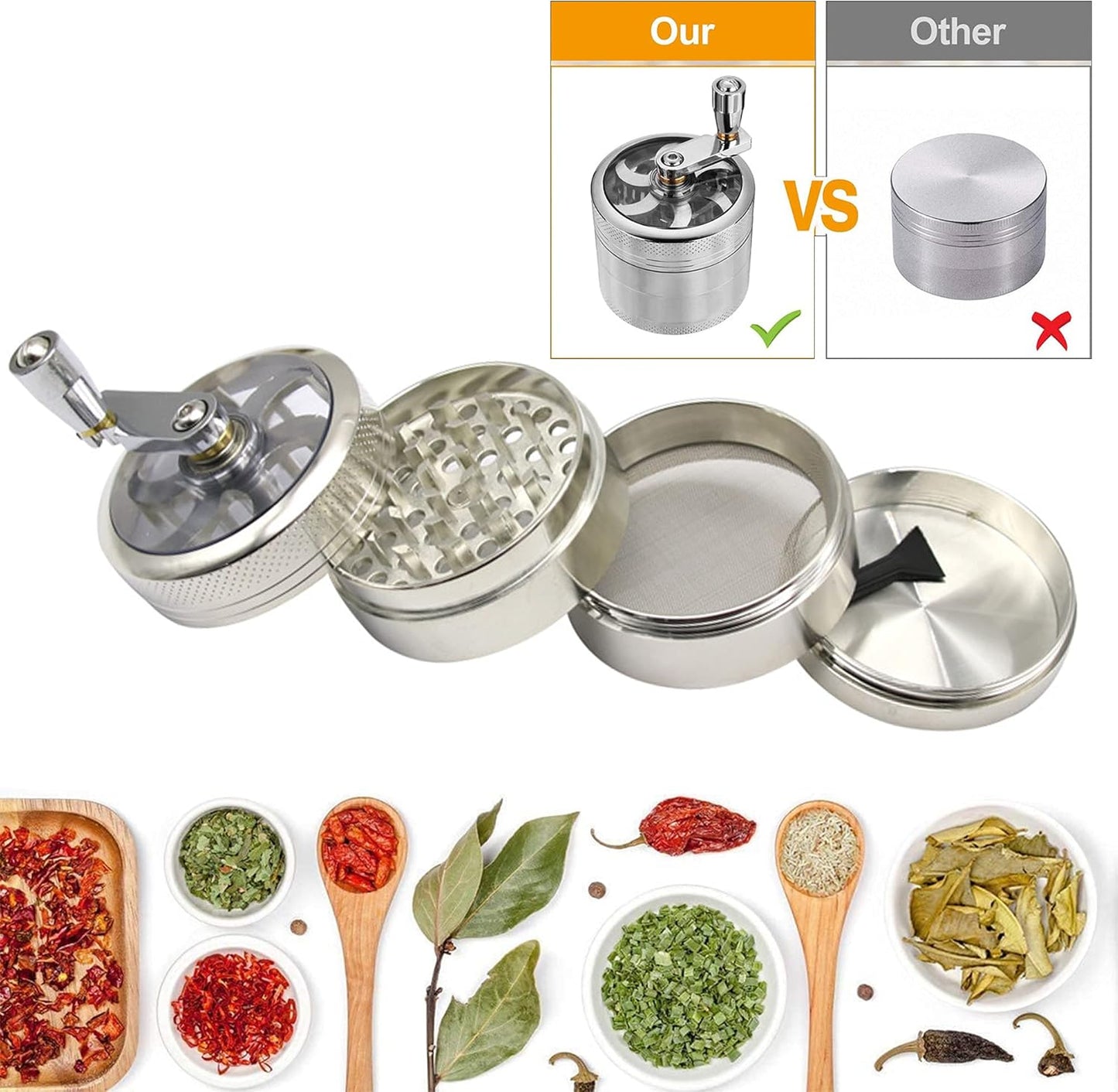 Kribee Grinder Crusher, 4-Layer Pollen Scraper Grinder with Hand Crank, Zinc Alloy Shredder for Dried Spices, Herbs, Ø55mm Mini-Scraper Clear Top Abrader Spices Grind Manual Muller (Silver)