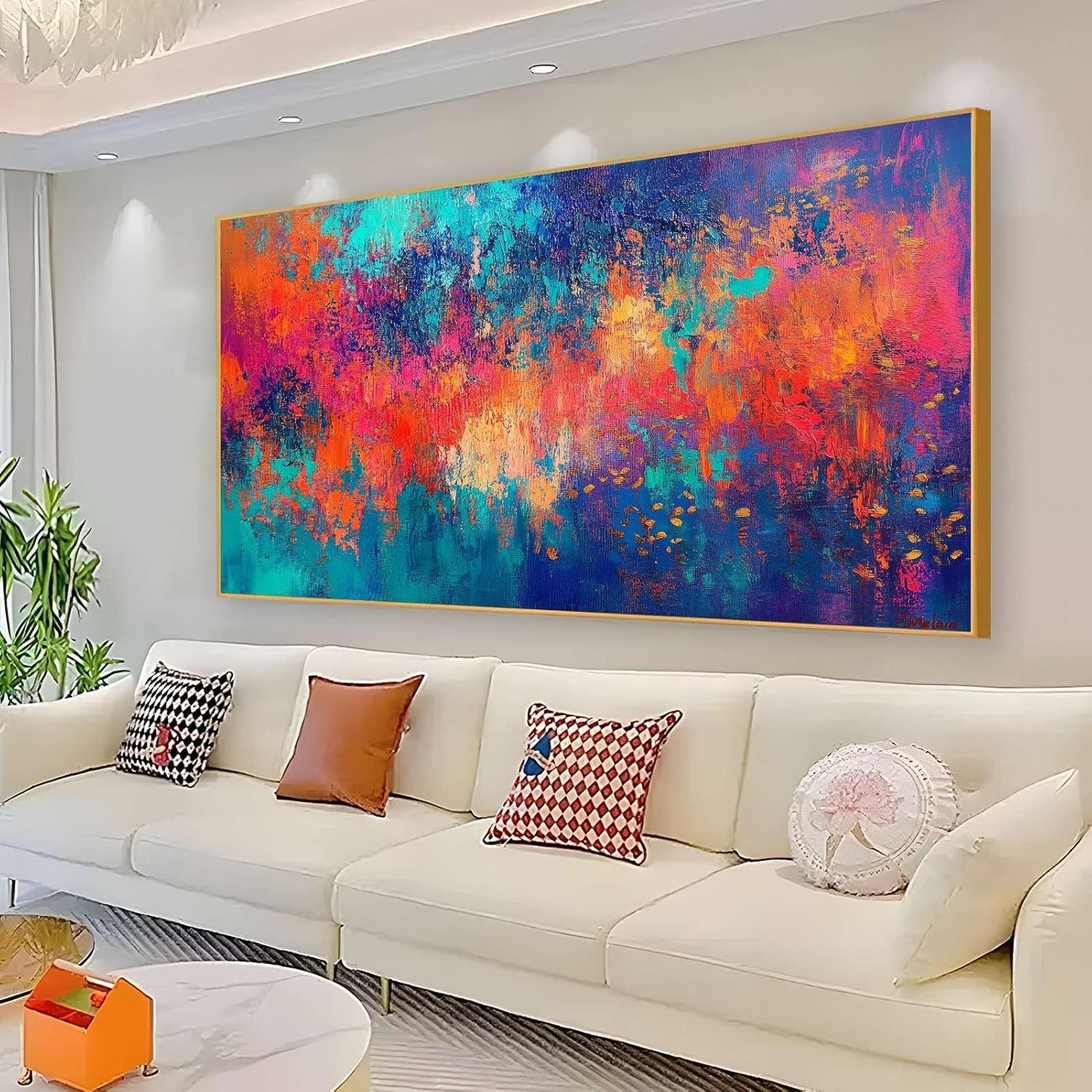JiffPom Red & Blue Abstract Canvas Wall Art - Colorful Modern Painting, Living Room Decor (Black Framed, 59"x33"|150x84cm)