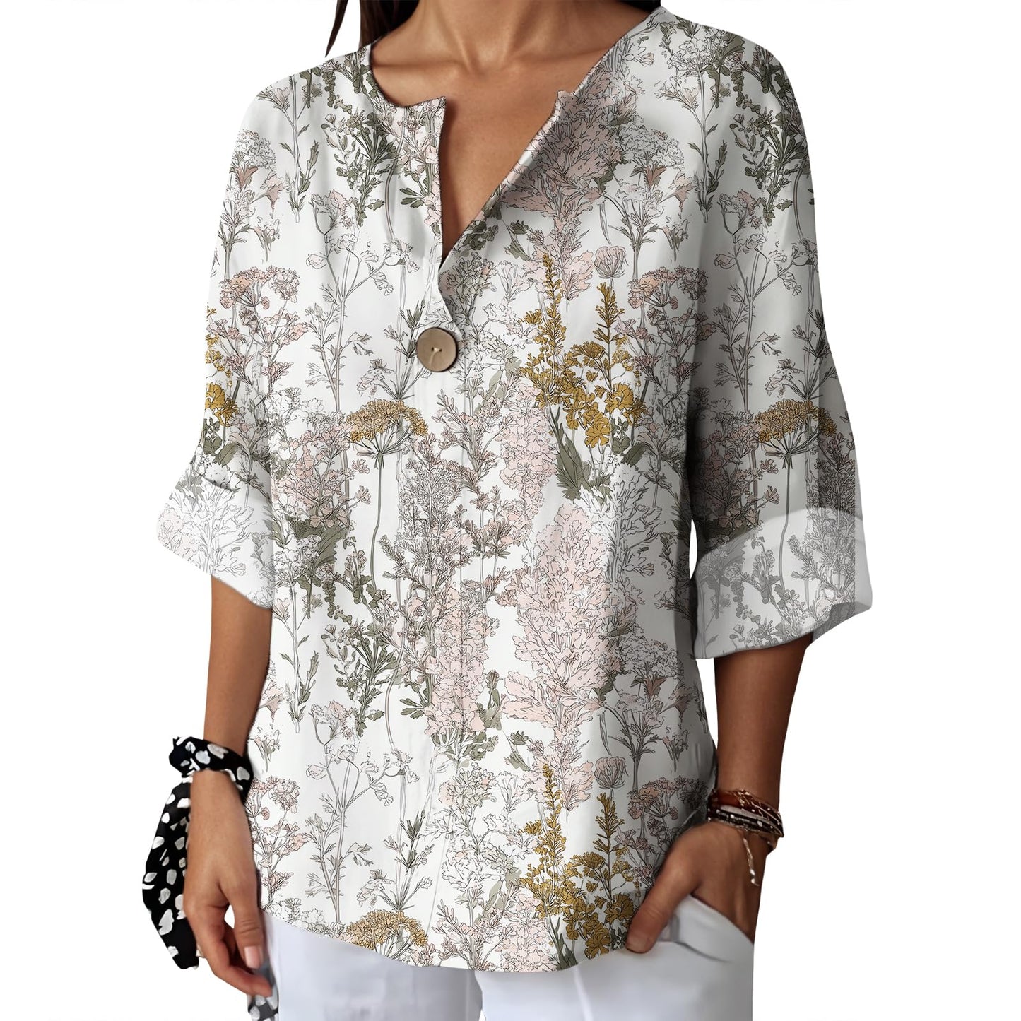 Befox Womens Spring Tops Business Vintage 3/4 Sleeve Boho Button Tunic Linen Blend Floral Printed V-Neck Summer T Shirts