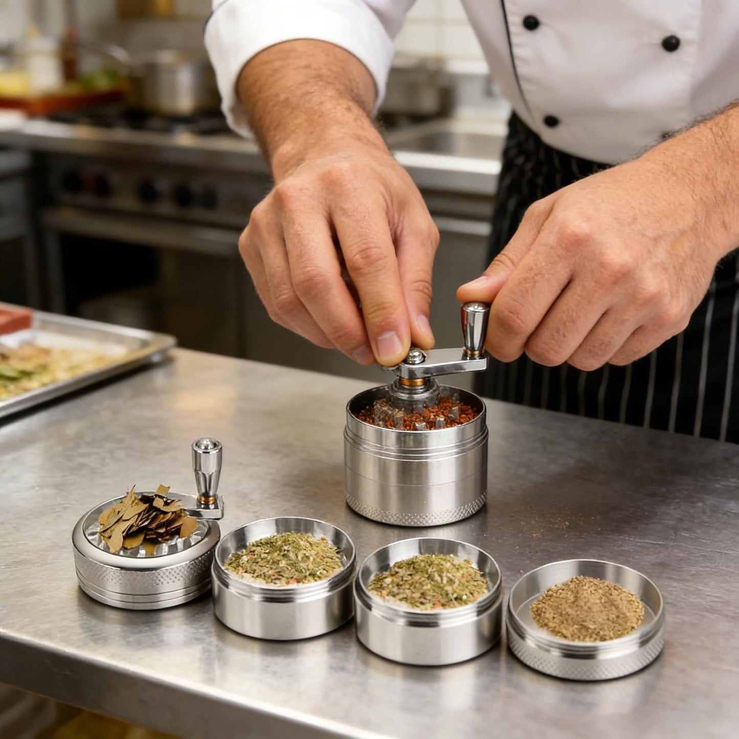 Kribee Grinder Crusher, 4-Layer Pollen Scraper Grinder with Hand Crank, Zinc Alloy Shredder for Dried Spices, Herbs, Ø55mm Mini-Scraper Clear Top Abrader Spices Grind Manual Muller (Silver)
