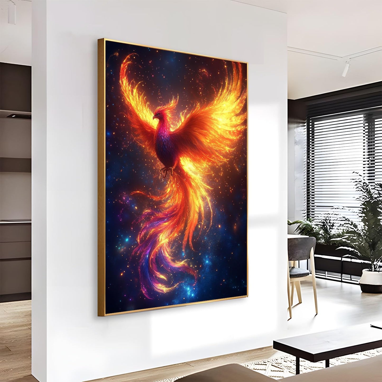 JiffPom Phoenix Rising Canvas Wall Art, Phoenix Canvas Wall Art, Phoenix Fire Bird Wall Art, Mythical Canvas Wall Art, Fantasy Phoenix Wall Decor, Inspirational Home Decor, Office Wall Art (Gold Framed, 32"x48" | 82x122cm)