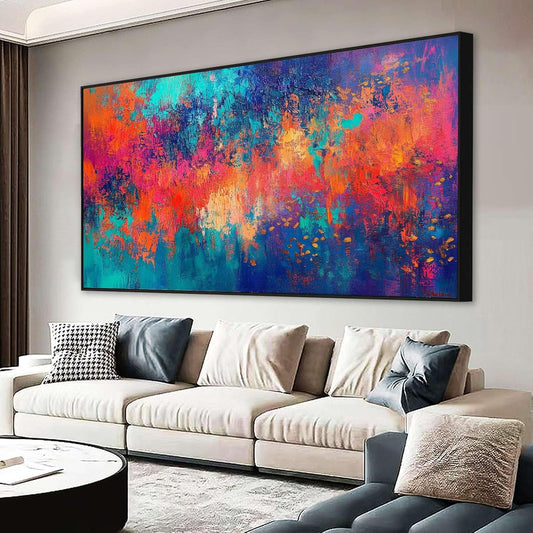 JiffPom Red & Blue Abstract Canvas Wall Art - Colorful Modern Painting, Living Room Decor (Black Framed, 59"x33"|150x84cm)