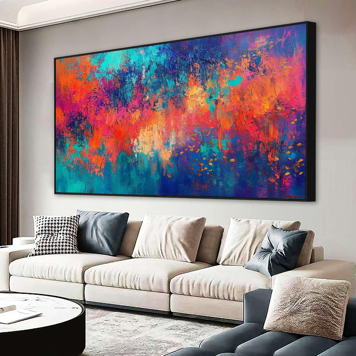 JiffPom Red & Blue Abstract Canvas Wall Art - Colorful Modern Painting, Living Room Decor (Black Framed, 59"x33"|150x84cm)