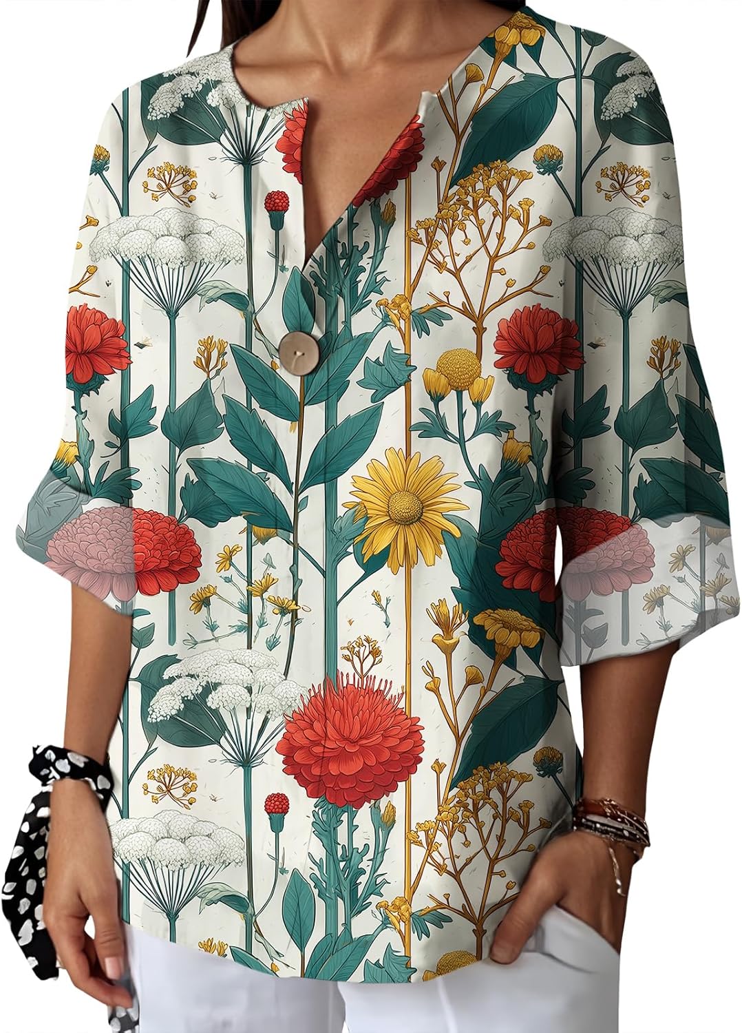 Befox Womens Spring Tops Business Vintage 3/4 Sleeve Boho Button Tunic Linen Blend Floral Printed V-Neck Summer T Shirts