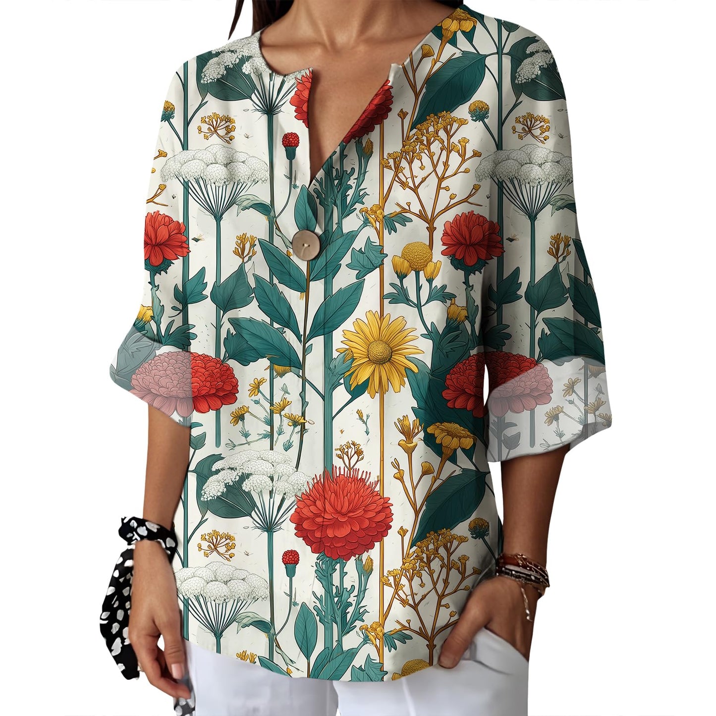 Befox Womens Spring Tops Business Vintage 3/4 Sleeve Boho Button Tunic Linen Blend Floral Printed V-Neck Summer T Shirts
