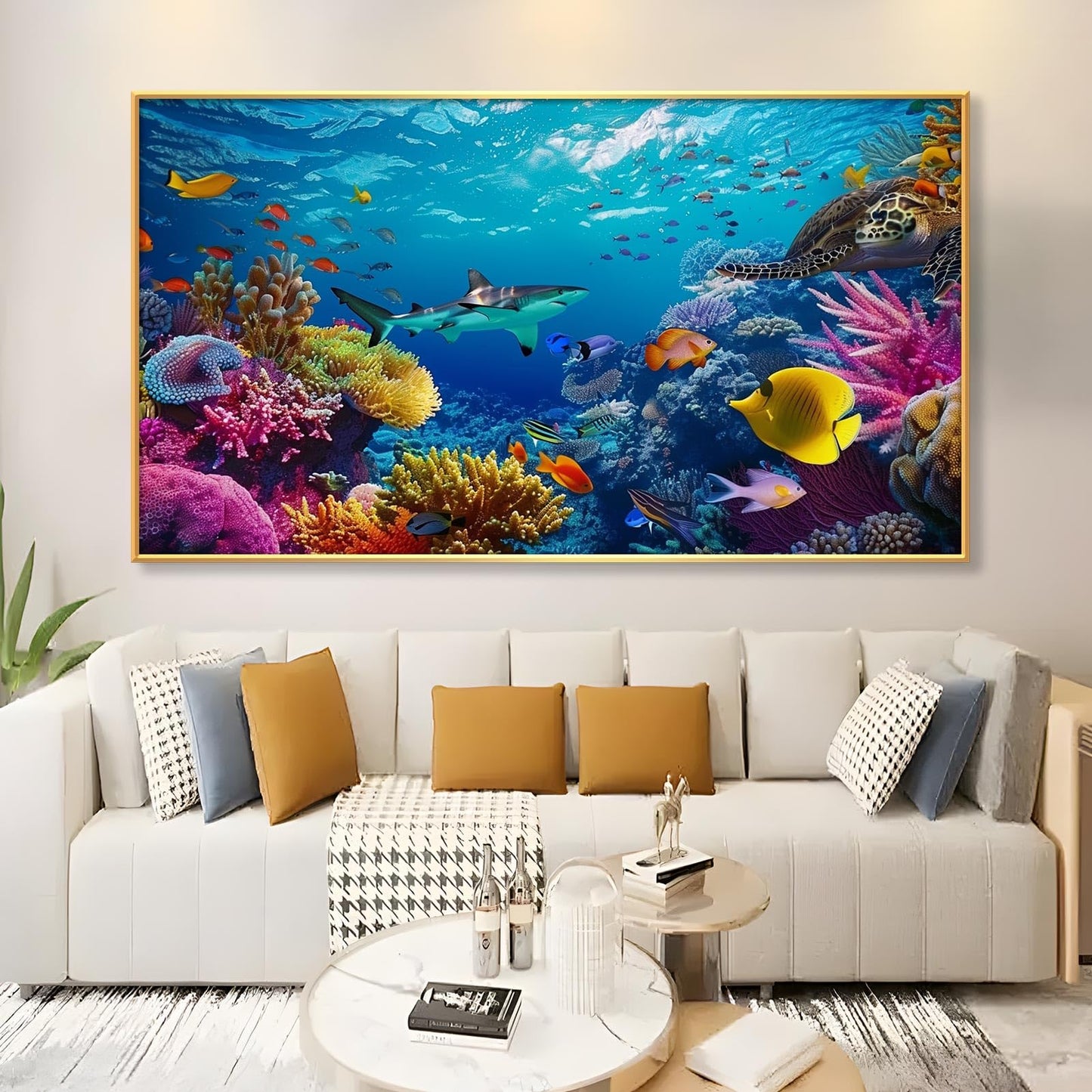 JiffPom Underwater Canvas Wall Art - Sea Life Pictures, Ocean Fish, Tropical Theme - Black Metal Frame, 59"x33" (150x84cm) - Living Room Wall Decor