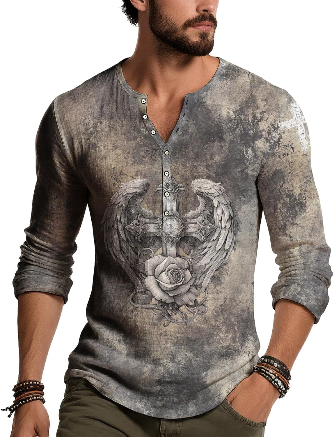 JiffPom Distressed Henley Tshirts for Men Pullover Long Sleeve Button Up T-Shirts Vintage Graphic Tees Washed Streetwear Tops