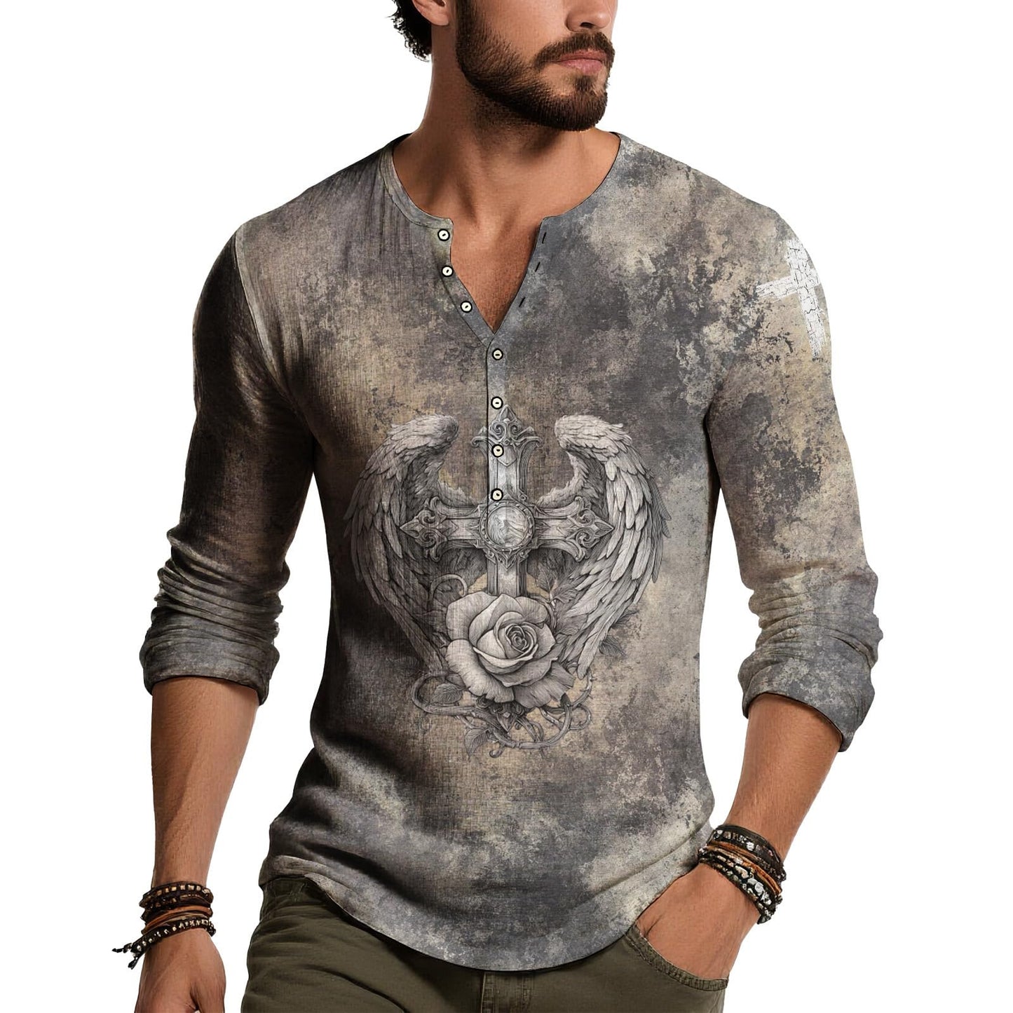 JiffPom Distressed Henley Tshirts for Men Pullover Long Sleeve Button Up T-Shirts Vintage Graphic Tees Washed Streetwear Tops