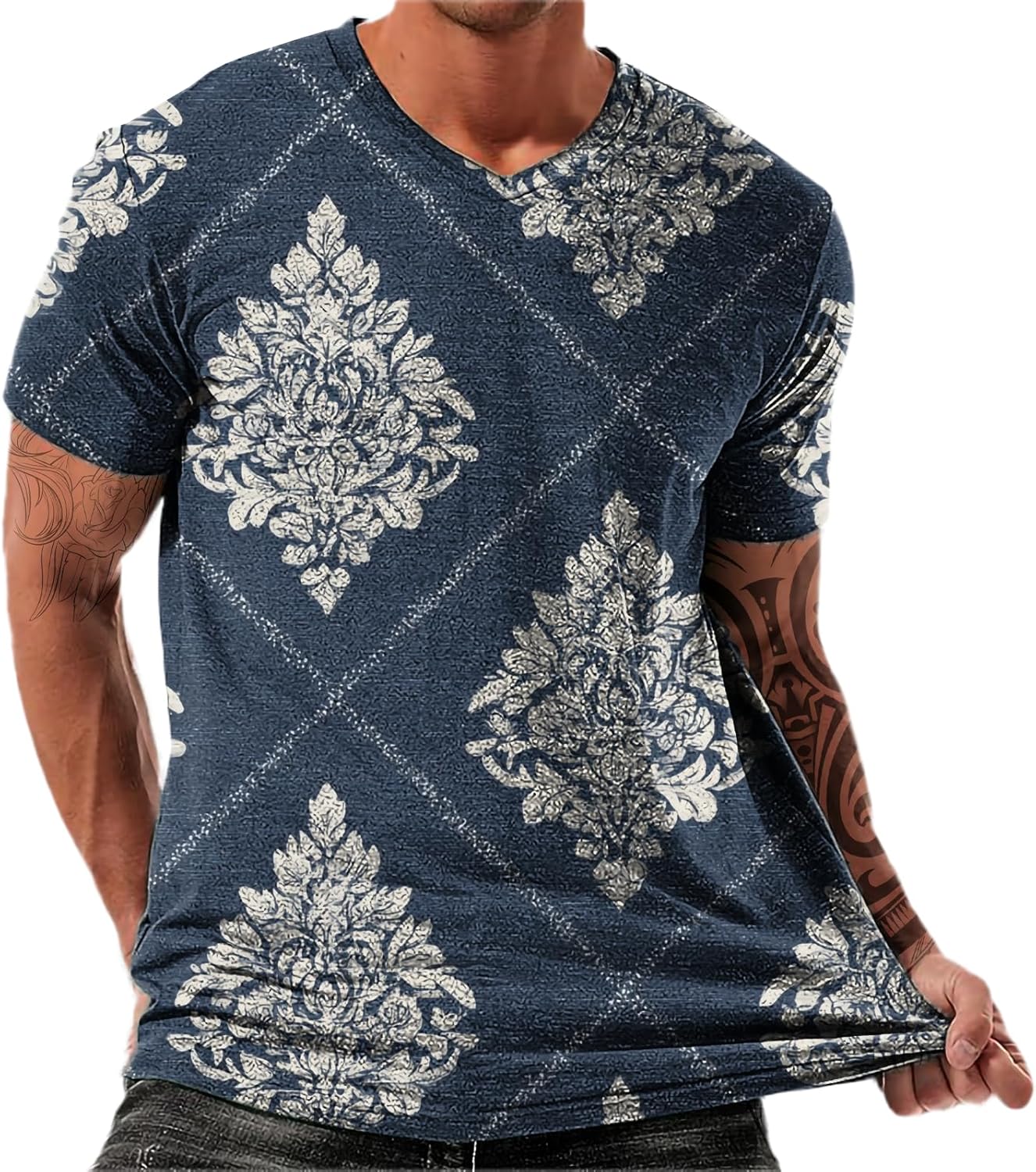 NAVARCH Trendy Summer Mens Casual Shirts V Neck Breathable Novelty Shirt Streetwear Graphic Tees