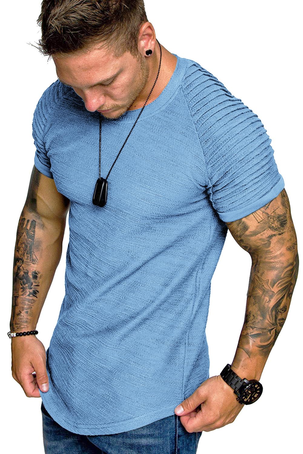 TOFOX Men's Muscle T-Shirt Pleated Raglan Sleeve Bodybuilding Gym Tee Short Sleeve Fashion Workout Shirts Hipster Shirt
