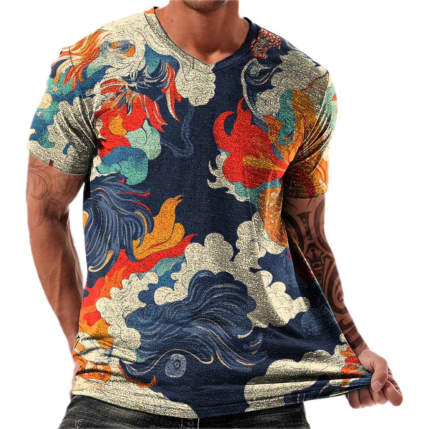 NAVARCH Trendy Summer Mens Casual Shirts V Neck Breathable Novelty Shirt Streetwear Graphic Tees