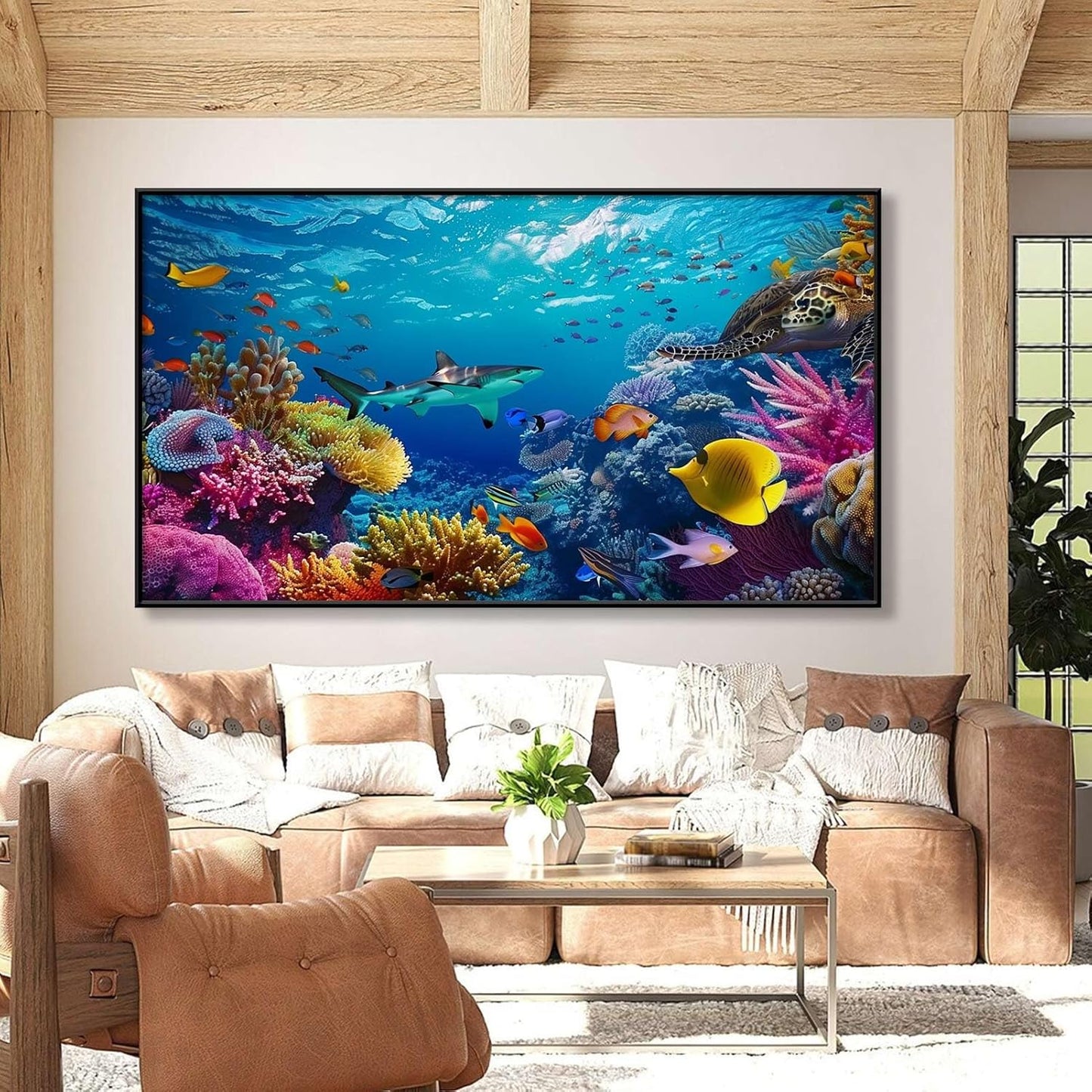 JiffPom Underwater Canvas Wall Art - Sea Life Pictures, Ocean Fish, Tropical Theme - Black Metal Frame, 59"x33" (150x84cm) - Living Room Wall Decor