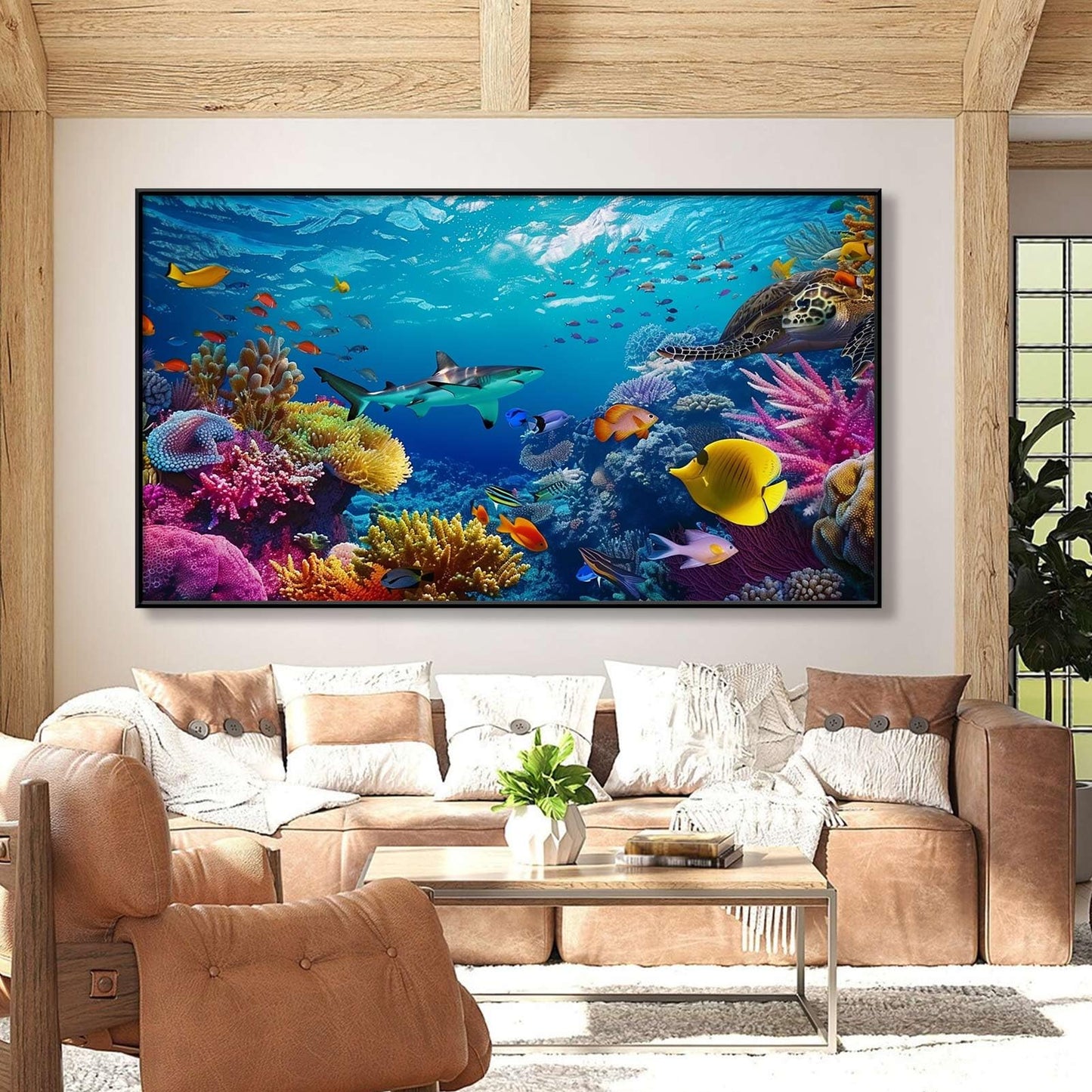 JiffPom Underwater Canvas Wall Art - Sea Life Pictures, Ocean Fish, Tropical Theme - Black Metal Frame, 59"x33" (150x84cm) - Living Room Wall Decor