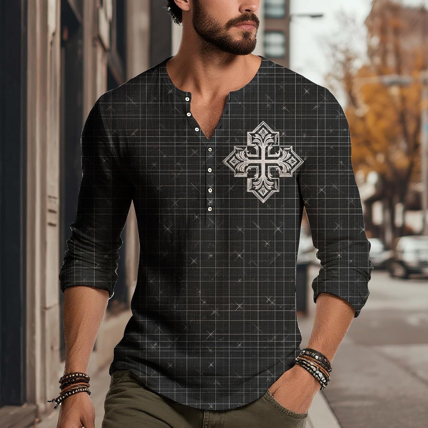JiffPom Distressed Henley Tshirts for Men Pullover Long Sleeve Button Up T-Shirts Vintage Graphic Tees Washed Streetwear Tops
