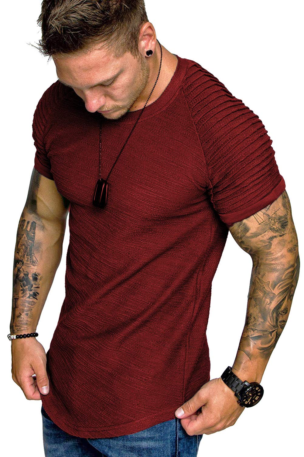 TOFOX Men's Muscle T-Shirt Pleated Raglan Sleeve Bodybuilding Gym Tee Short Sleeve Fashion Workout Shirts Hipster Shirt