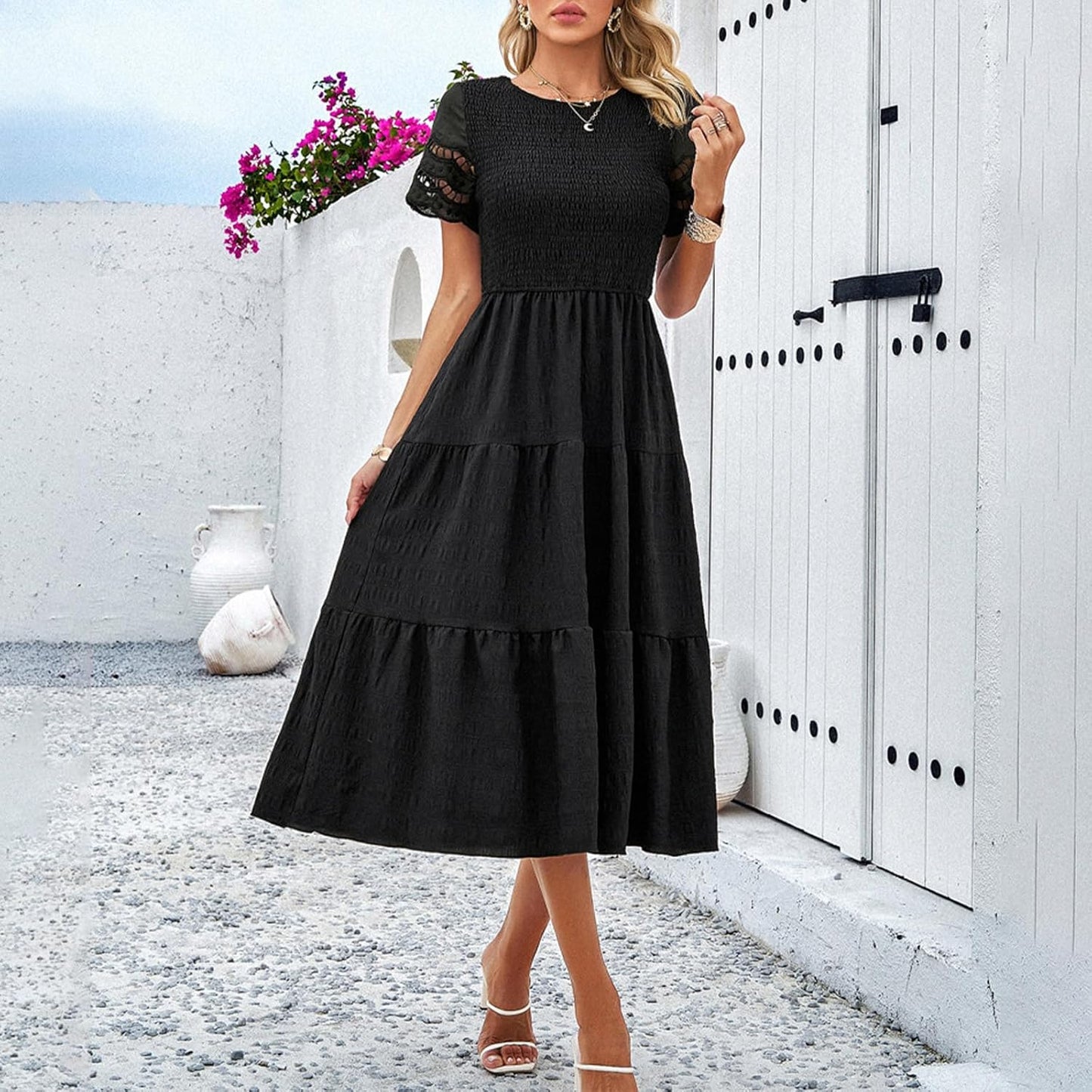NAILONG Women's Hollow Out Smocked Tiered Ruffle Dress Crew Neck Short Sleeve Flowy Midi Dress Summer A Line Sun Dress