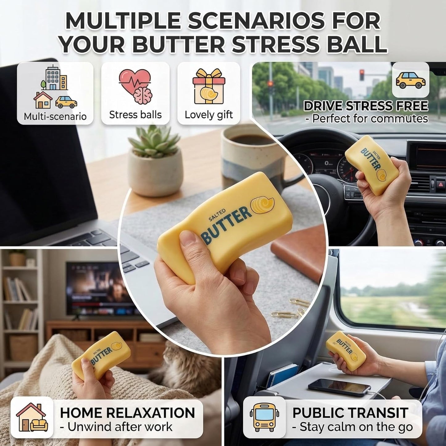 Kribee 14oz Big Butter Squishy, Giant Realistic Butter Squeeze Toys & Mini Squeezy Butter Set, Soft Slow Rising Stress Relief Fidget Toy for Stress Relief Anxiety Sensory Gifts (Yellow 2pcs,4+14oz)