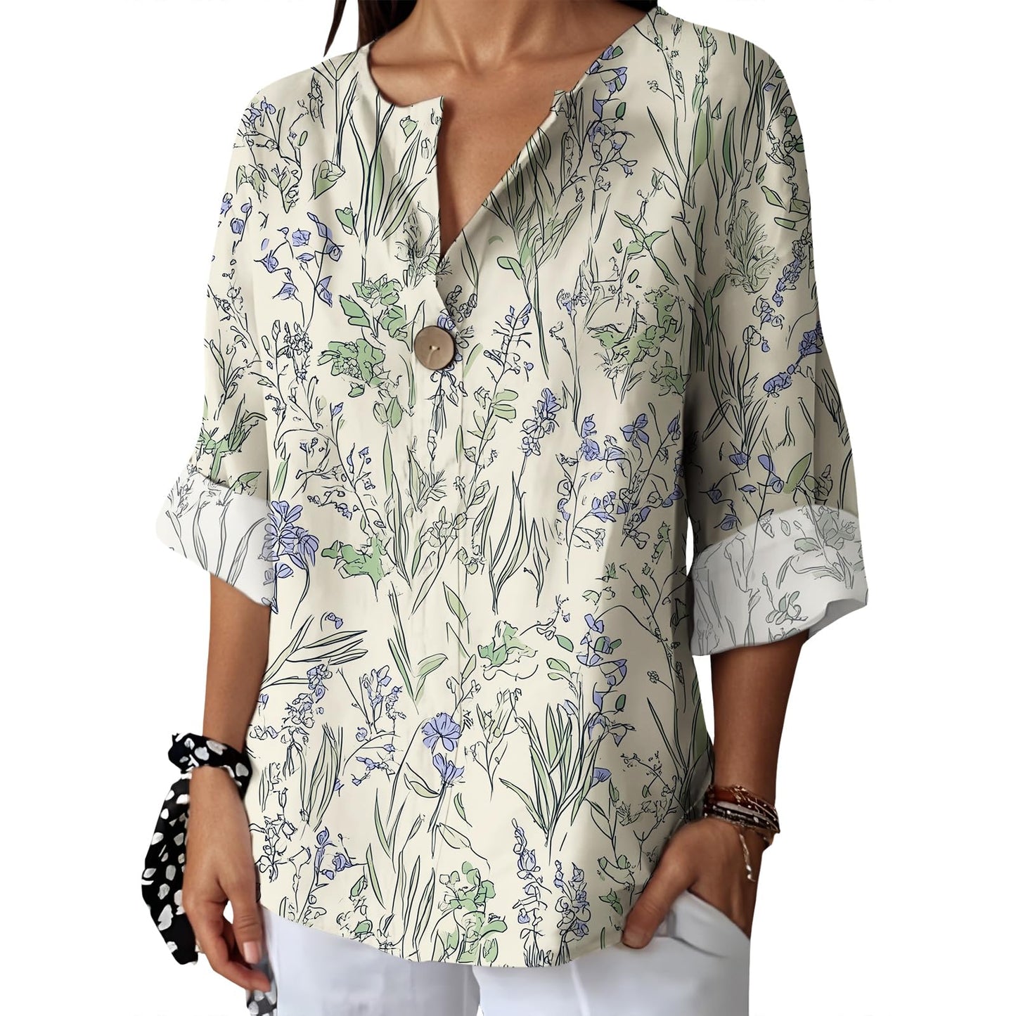 Befox Womens Spring Tops Business Vintage 3/4 Sleeve Boho Button Tunic Linen Blend Floral Printed V-Neck Summer T Shirts