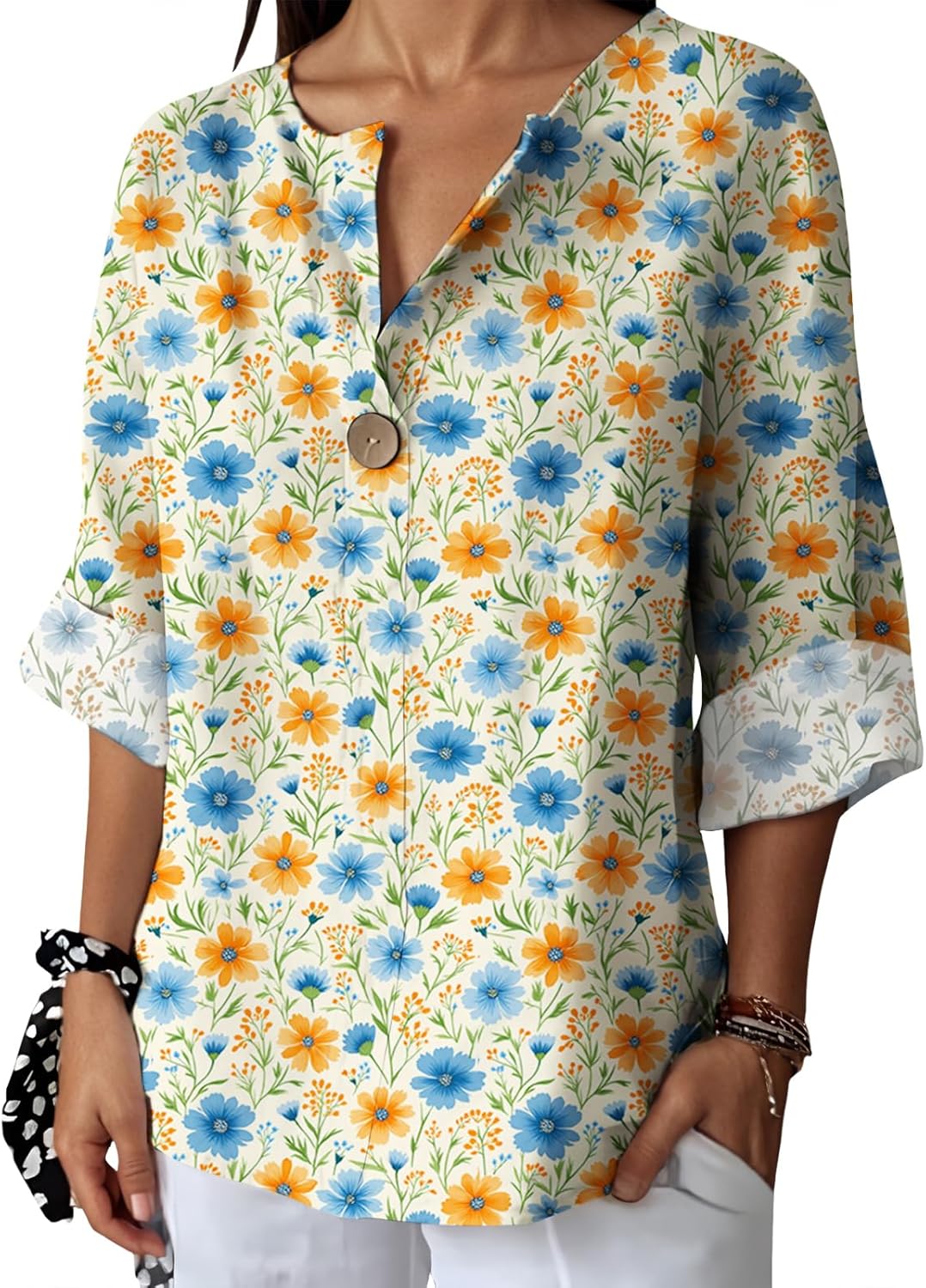 Befox Womens Spring Tops Business Vintage 3/4 Sleeve Boho Button Tunic Linen Blend Floral Printed V-Neck Summer T Shirts