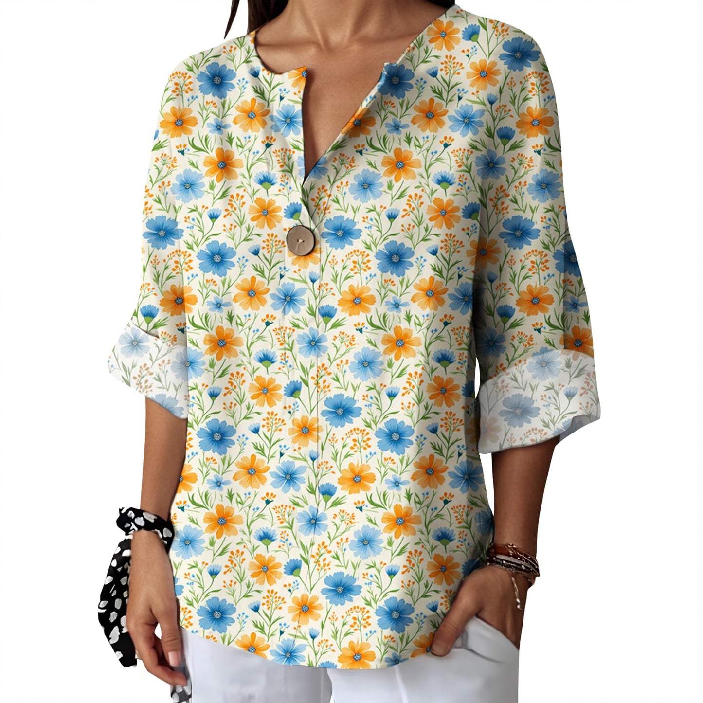 Befox Womens Spring Tops Business Vintage 3/4 Sleeve Boho Button Tunic Linen Blend Floral Printed V-Neck Summer T Shirts