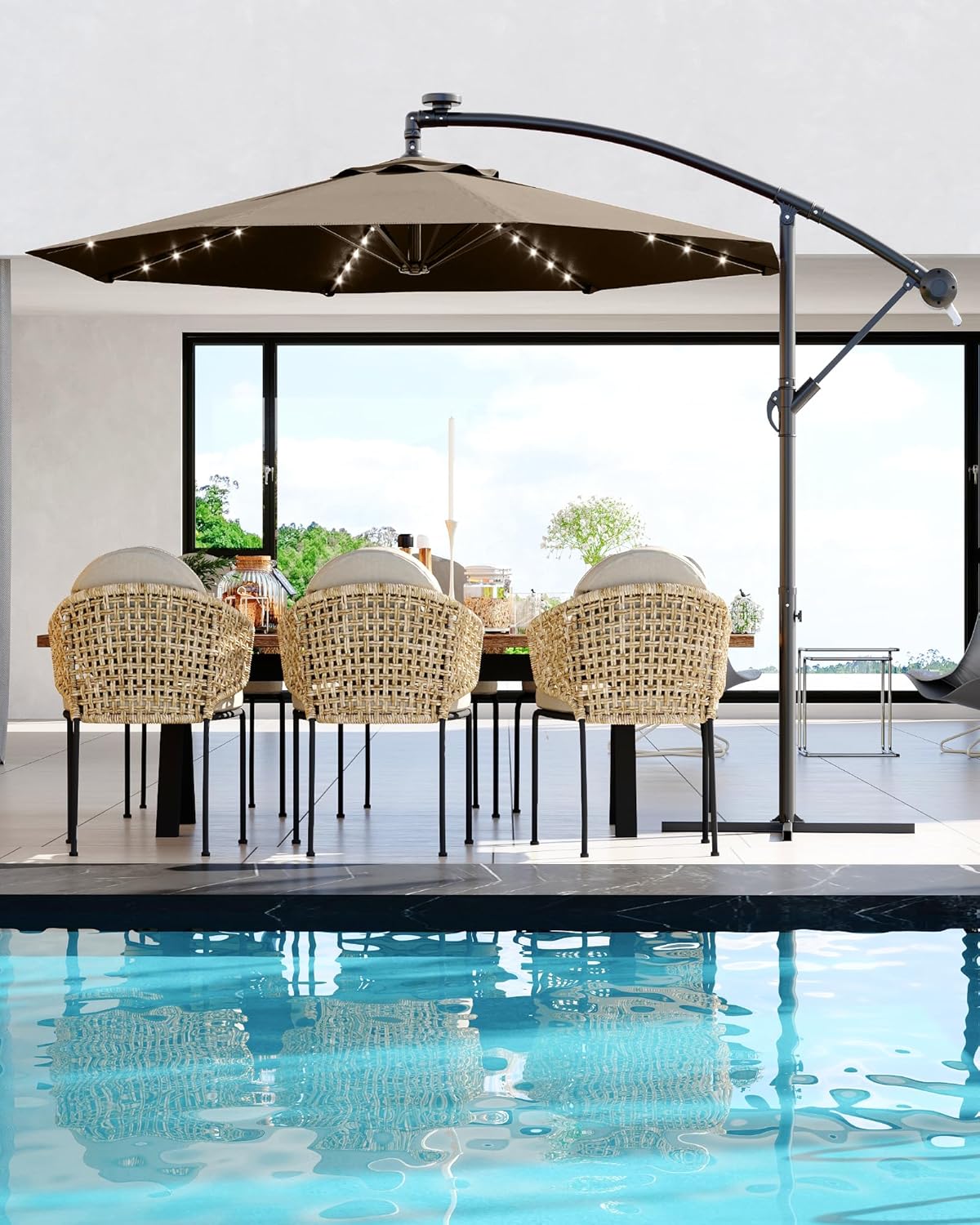 JiffPom 10FT Cantilever Patio Umbrella with Solar LED Lights - Offset Outdoor Umbrella - Easy Lift & Tilt - UV Protection - Fade Resistant - Ideal for Deck, Pool, Garden