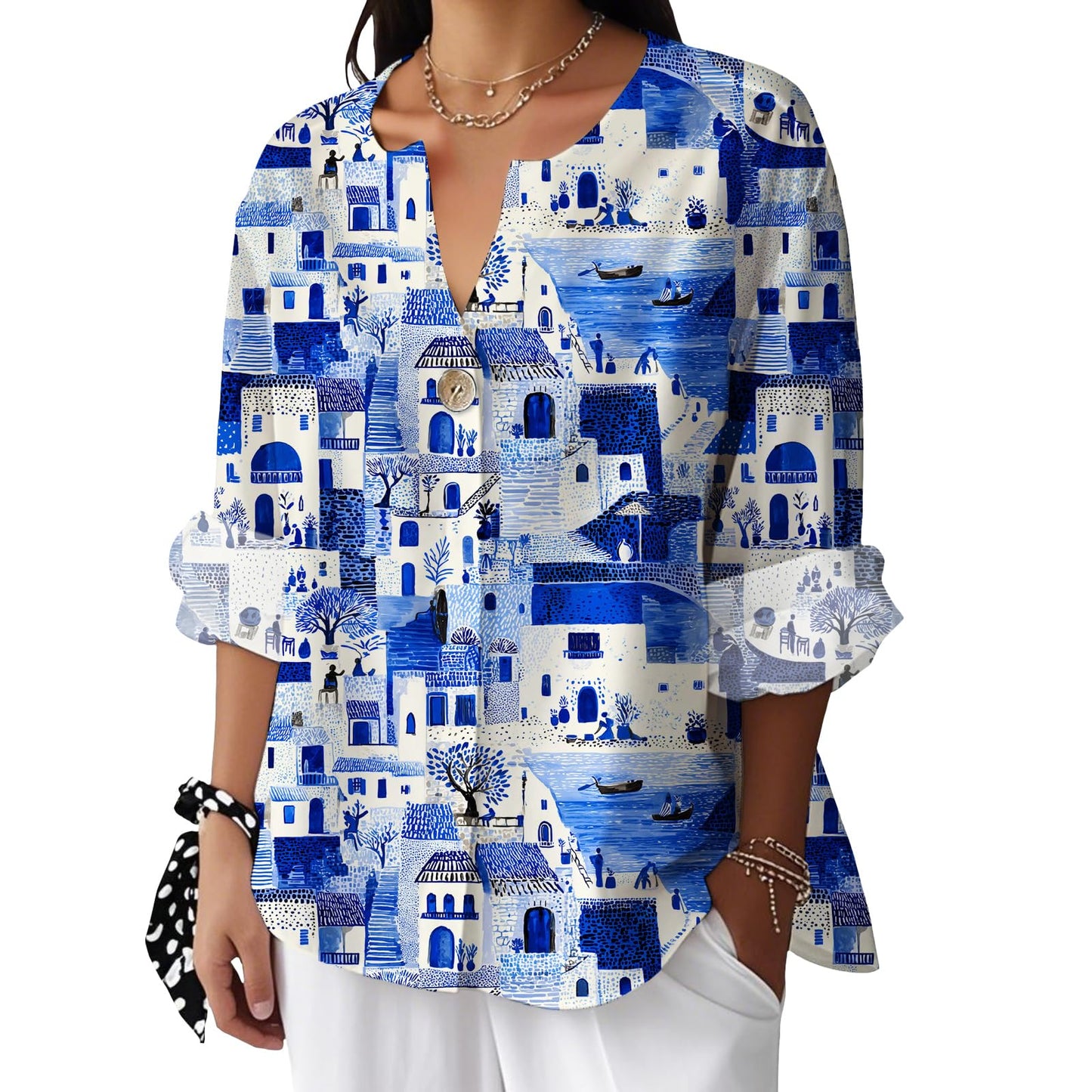 Reigee Hawaiian Shirts for Women 3/4 Sleeve Linen Shirts Floral Print Button V Neck Casual Loose Summer Graphic Tops Blouse