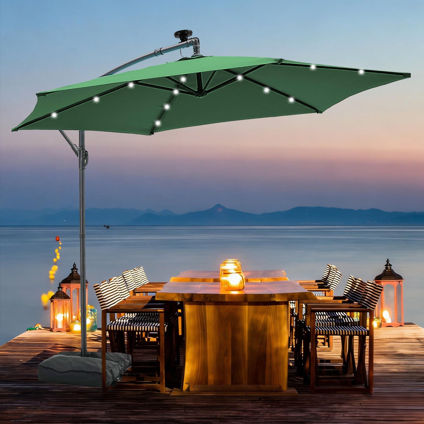 JiffPom 10ft Cantilever Patio Umbrella with Lights, Hanging Offset Market Outdoor Sun Shade for Backyard,Deck,Poolside,Black