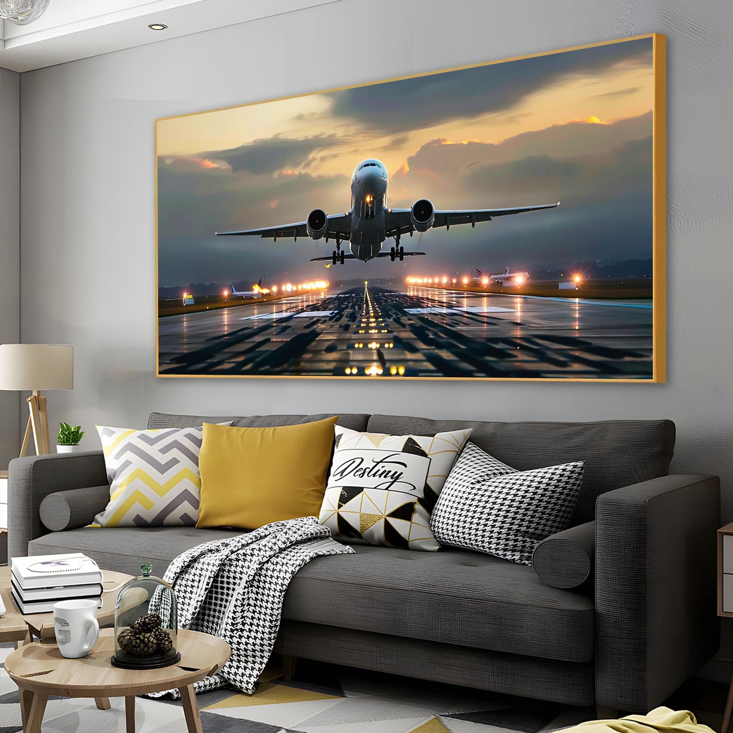 JiffPom Airplane Canvas Wall Art, Taking Off, Aircraft, Aviation, Airport, Airplane Pictures, Home Office Decor, Pilot Gift (Black Frame, 39"x19" | 100x50cm)