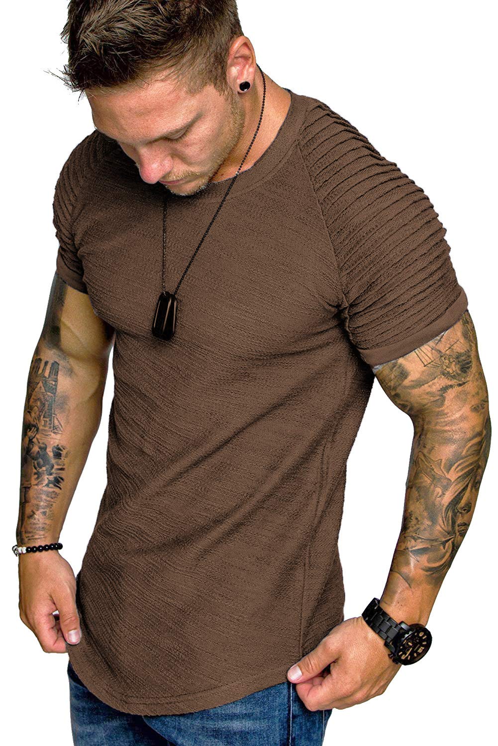 TOFOX Men's Muscle T-Shirt Pleated Raglan Sleeve Bodybuilding Gym Tee Short Sleeve Fashion Workout Shirts Hipster Shirt