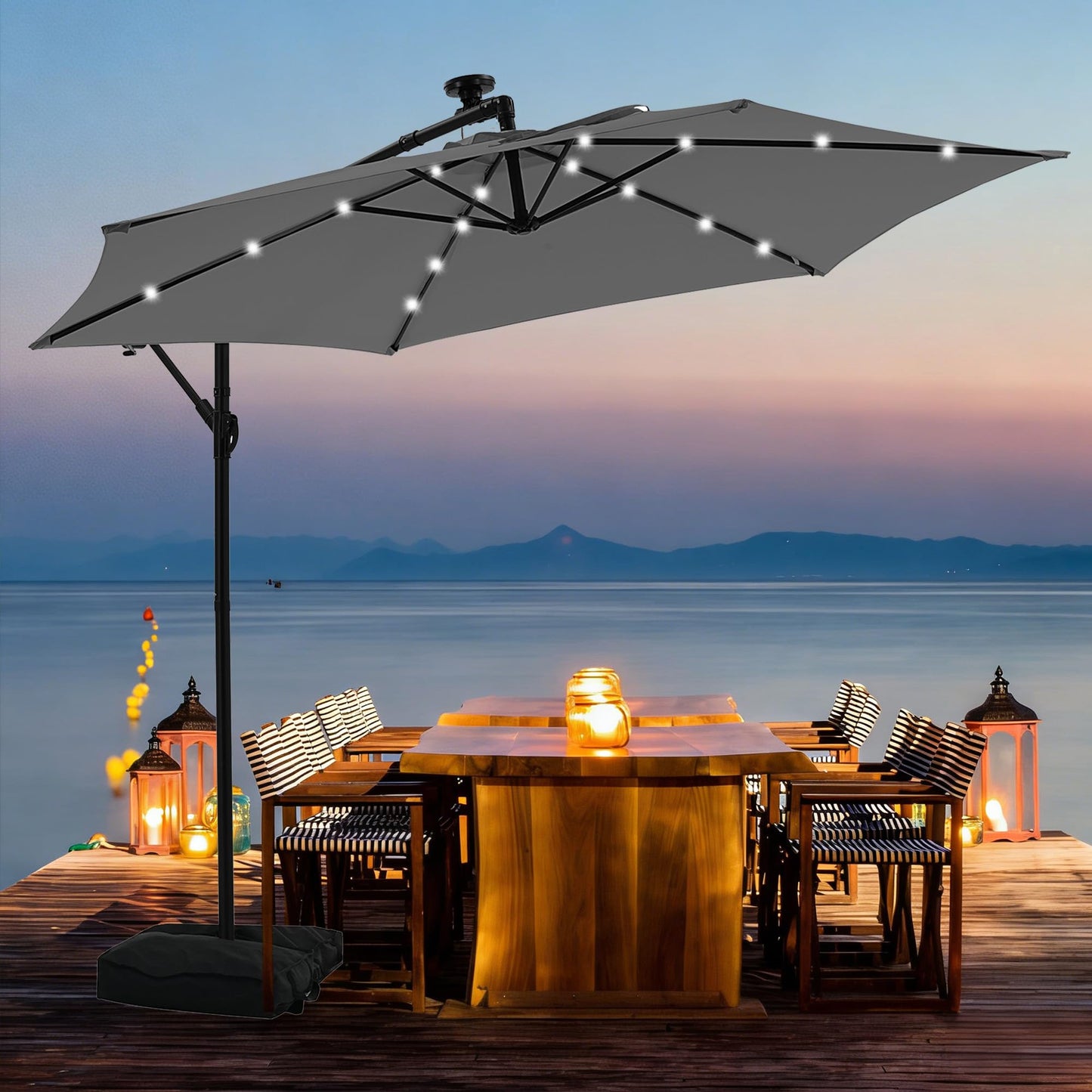 JiffPom 10ft Cantilever Patio Umbrella with Lights, Hanging Offset Market Outdoor Sun Shade for Backyard,Deck,Poolside,Black