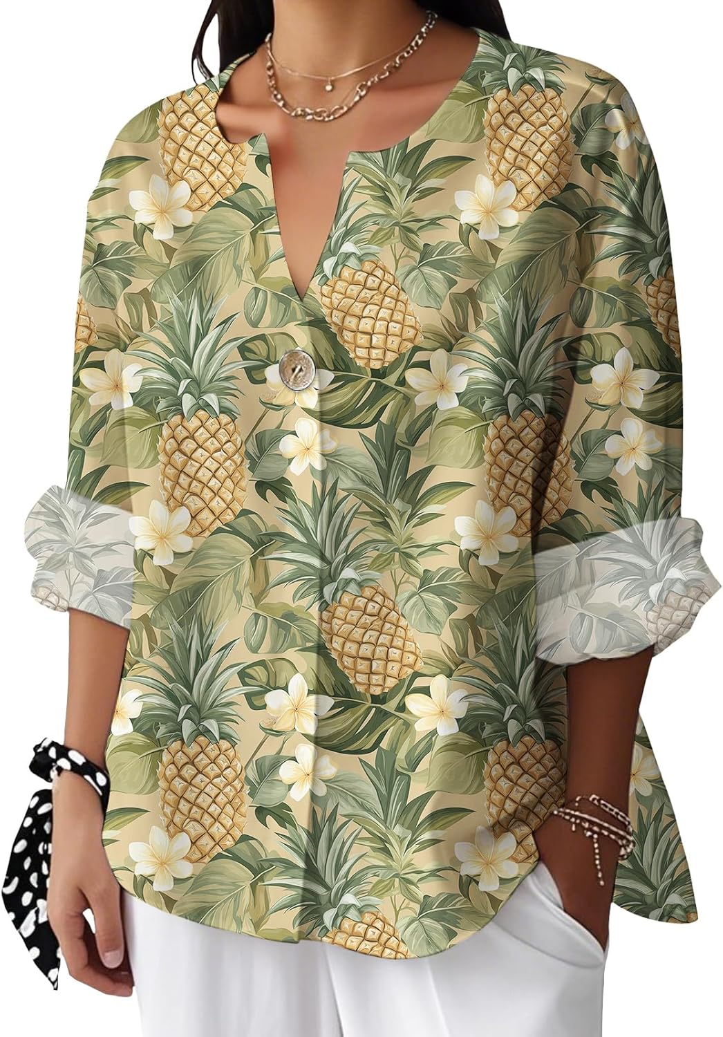 Reigee Hawaiian Shirts for Women 3/4 Sleeve Linen Shirts Floral Print Button V Neck Casual Loose Summer Graphic Tops Blouse