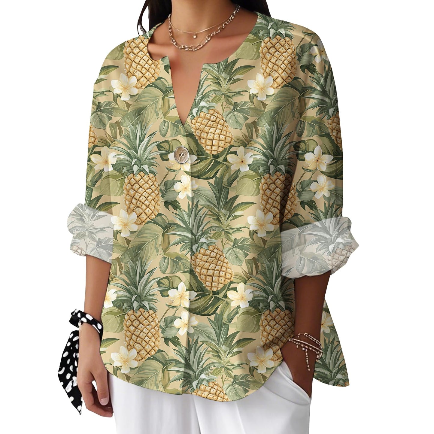 Reigee Hawaiian Shirts for Women 3/4 Sleeve Linen Shirts Floral Print Button V Neck Casual Loose Summer Graphic Tops Blouse