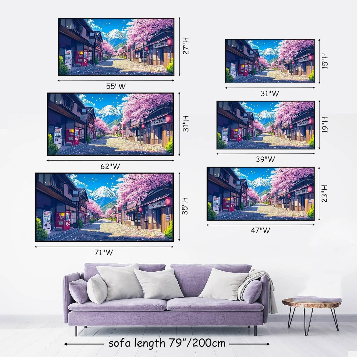 JiffPom Japan Manga Street Canvas Wall Art, Cherry Blossom Anime Canvas Print, Mount Fuji Wall Art, Pink Cherry Tree Decor, Japanese Landscape Poster, Home Decor, Manga Gifts (Black Framed, 31"x15" | 80x40cm)