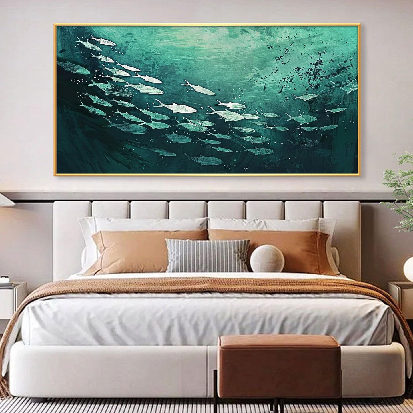 JiffPom Fish Abstract Canvas Wall Art, School of Fish Wall Decor, Emerald Green Canvas Wall Art, Ocean Canvas Wall Art, Silver Fish Wall Decor, Framed Wall Art for Living Room, Bedroom Wall Art (Black Metal Frame, 39"x19" | 100x50cm)