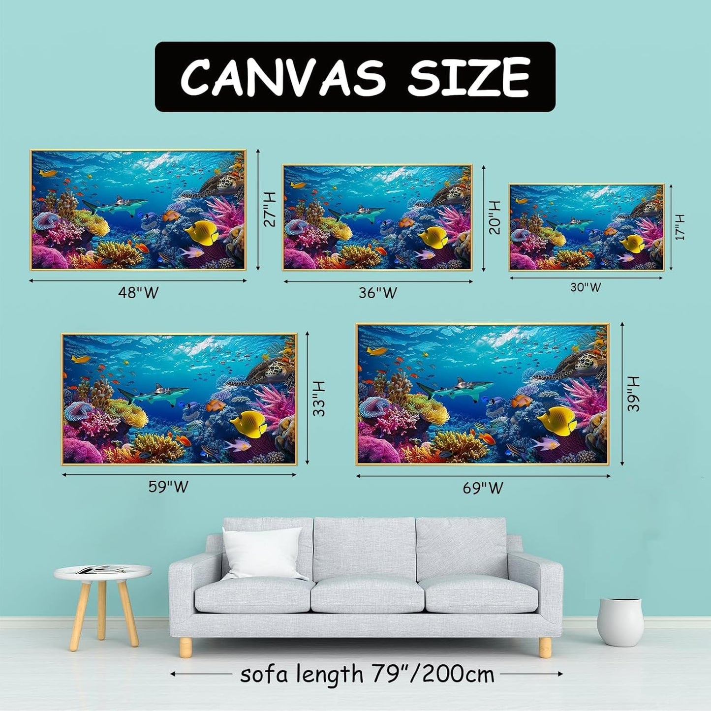 JiffPom Underwater Canvas Wall Art - Sea Life Pictures, Ocean Fish, Tropical Theme - Black Metal Frame, 59"x33" (150x84cm) - Living Room Wall Decor